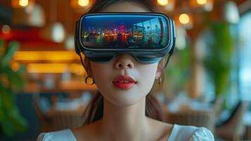 AI generated Beautiful asian woman using virtual reality headset in coffee shop. photo