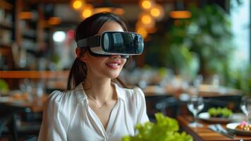 AI generated Young asian woman wearing virtual reality glasses in a cafe or restaurant photo
