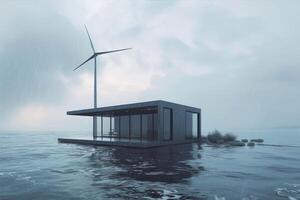 ai generado 3d representación de un casa en el mar con viento turbinas foto