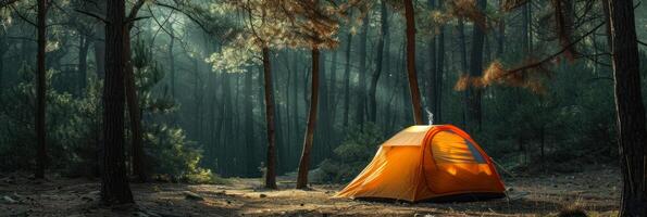 AI generated Orange tent in the pine forest. Camping in the forest. photo