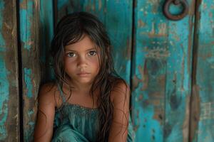 ai generado retrato de un huérfano, vida, luchas, y Resiliencia de un niño sin padres, navegando mediante retos con esperanza y determinación en un mundo de incertidumbre foto