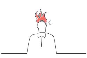 man person head on fire angry stressed profile one line art design vector