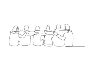 people friends happy hug together back behind rear view one line art design vector