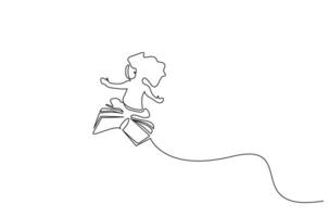 pequeño Chica de escuela libro volador Sueños educación uno línea Arte diseño vector