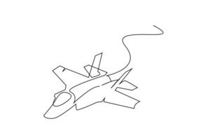 modern fighter plane in the air power vehicle one line art design vector