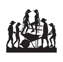 People using wheelbarrow, Construction worker pushing wheelbarrow silhouette, vector