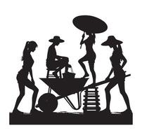 People using wheelbarrow, Construction worker pushing wheelbarrow silhouette, vector