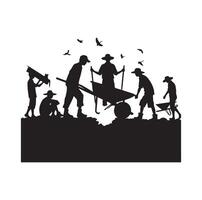 People using wheelbarrow, Construction worker pushing wheelbarrow silhouette, vector