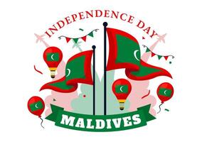 contento Maldivas independencia día ilustración en 26 julio con maldivo ondulado bandera y cinta en plano dibujos animados antecedentes diseño vector