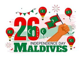 contento Maldivas independencia día ilustración en 26 julio con maldivo ondulado bandera y cinta en plano dibujos animados antecedentes diseño vector