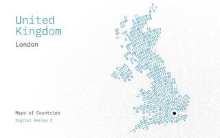 A map of United Kingdom depicted in whire zeros and ones in the form of a circle. The capital, London, is shown in the center of the circle vector