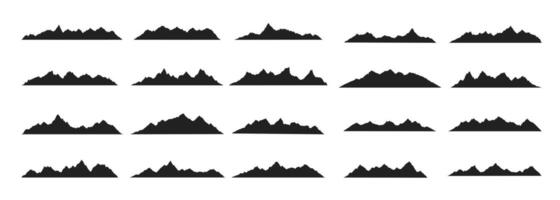 Mountain ridges peak silhouettes flat style design illustration set isolated on white background. Rocky mountains peaks with various ranges outdoor nature landscape background design elements. vector