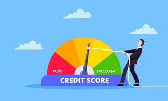 Man pushes credit score arrow gauge speedometer indicator with color levels. vector