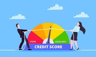 Man and woman pushes credit score arrow gauge speedometer indicator color levels. vector