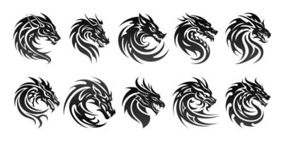 Tribal tattoo of the dragon head silhouette ornament flat style design illustration set vector