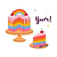 Rainbow cake and slice isolate on a white background. graphics. vector