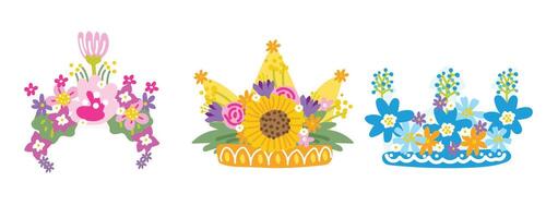 conjunto de linda flor corona dibujos animados mano castillo.de.primavera.floral.dibujado reino.aislado.kawaii.ilustración. vector