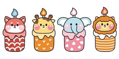 Set of cute animals head candle cartoon hand drawn.Lighting.Fox.Giraffe.Elephant.Lion.Image for card,poster,party birthday,celebrate.Kawaii.Illustration. vector