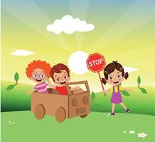 kids having fun with toy car out of cardboard box vector