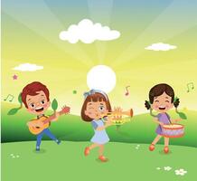 happy children playing instruments and singing vector