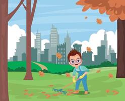 cute boy cleaning dried leaves vector