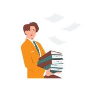 Busy overwhelmed angry businessman carrying big stack of paperwork document, overload tasks, overworked stressful employee concept illustration vector