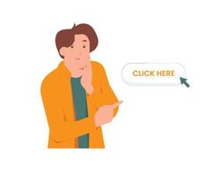 Young man whispering and pointing index finger to the side at blank empty copy space concept illustration vector