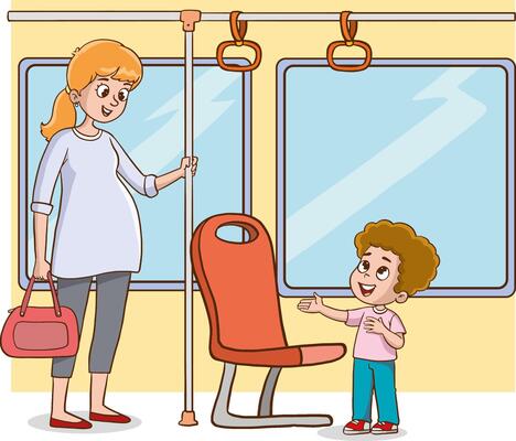 illustration of little boy giving way to pregnant woman in public transport
