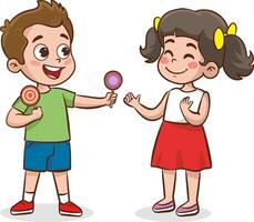 children giving candy to friend illustration vector