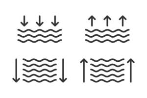 bajo y alto marea silueta línea icono colocar. lineal agua profundidad icono con flechas vector