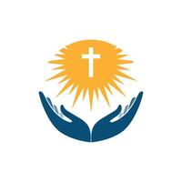 Hands with shining holy cross. Praying hand holding cross. Religion, Church logo vector