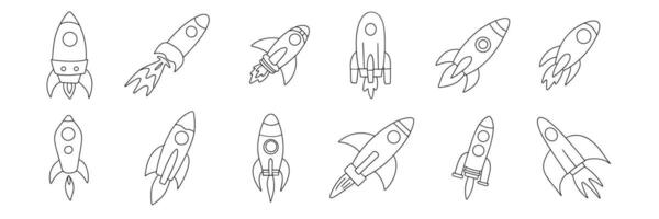 Big set of rocket in doodle style. Hand draw art. vector