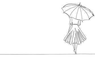 Woman under umbrella one line continuous. Line art woman with umbrella. Hand drawn art. vector