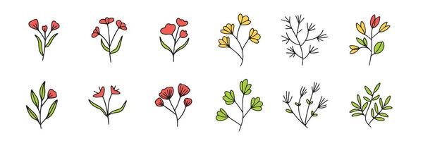 Collection of Doodle flowers colored outline. Hand drawn art. vector
