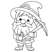 Cute little man in doodle style. Dwarf with pickaxe outline. Hand drawn art. vector