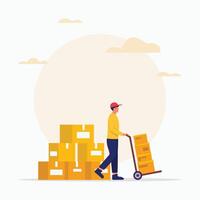 Delivery man with characters of workers carrying cardboard boxes flat illustration vector