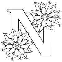 Alphabet N coloring page with the flower, N letter digital outline floral coloring page, ABC coloring page vector