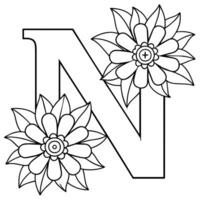 Alphabet N coloring page with the flower, N letter digital outline floral coloring page, ABC coloring page vector