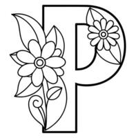 Alphabet P coloring page with the flower, P letter digital outline floral coloring page, ABC coloring page vector