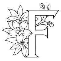 Alphabet F coloring page with the flower, F letter digital outline floral coloring page, ABC coloring page vector