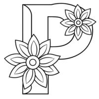 Alphabet P coloring page with the flower, P letter digital outline floral coloring page, ABC coloring page vector