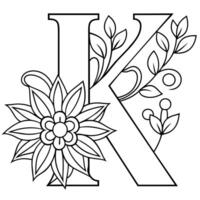 Alphabet K coloring page with the flower, K letter digital outline floral coloring page, ABC coloring page vector