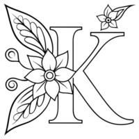 Alphabet K coloring page with the flower, K letter digital outline floral coloring page, ABC coloring page vector