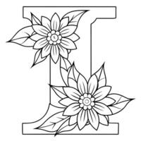 Alphabet I coloring page with the flower, I letter digital outline floral coloring page, ABC coloring page vector