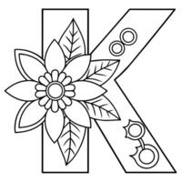 Alphabet K coloring page with the flower, K letter digital outline floral coloring page, ABC coloring page vector