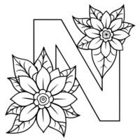 Alphabet N coloring page with the flower, N letter digital outline floral coloring page, ABC coloring page vector