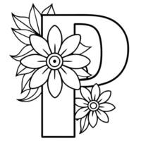 Alphabet P coloring page with the flower, P letter digital outline floral coloring page, ABC coloring page vector