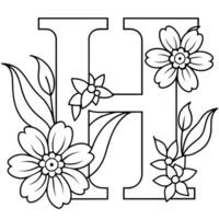 Alphabet H coloring page with the flower, H letter digital outline floral coloring page, ABC coloring page vector