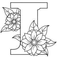 Alphabet I coloring page with the flower, I letter digital outline floral coloring page, ABC coloring page vector