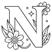 Alphabet N coloring page with the flower, N letter digital outline floral coloring page, ABC coloring page vector